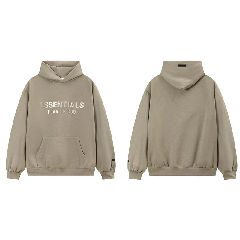 Fog Essentials Taupe Khaki Fleece‑Lined Oversized Pullover Hoodie Chest Logo