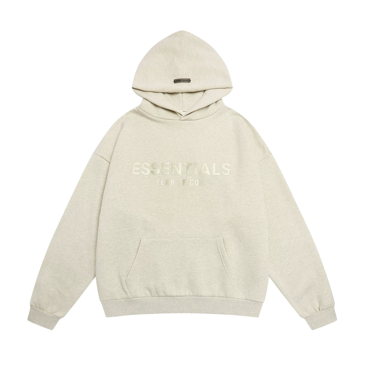 Fog Essentials Heather Oatmeal Textured‑Fabric Logo Hoodie, Oversized Cozy Hooded Pullover