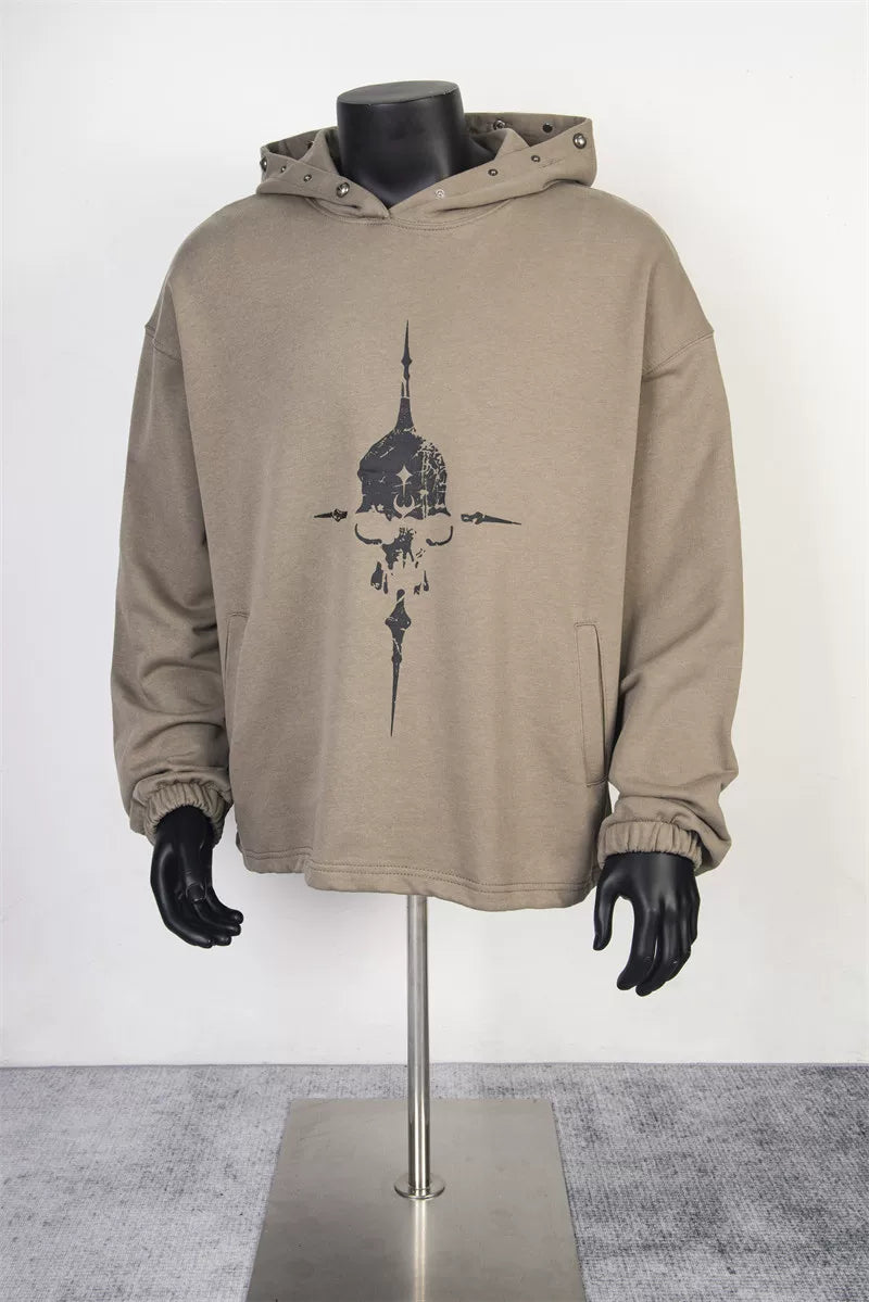Thug Club Khaki Skull Star Print Studded Hoodie, Unisex