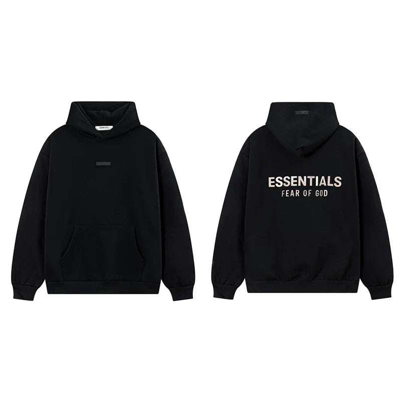 Fog Essentials Solid Black Fleece‑Lined Oversized Pullover Hoodie White Chest Logo