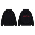 Fog Essentials Black Fleece‑Lined Oversized Pullover Hoodie Bright Red Chest Logo Print