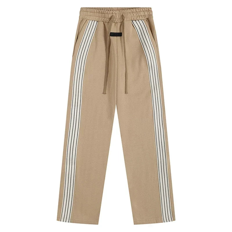 Fog Essentials Khaki Side‑Stripe Straight‑Leg Sweatpants Hip‑Hop Casual Pants