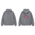 Fog Essentials Heather Grey Fleece‑Lined Oversized Pullover Hoodie Arch Red Print Logo