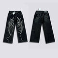 Thug Club Abstract Line Embroidery Black Wide Leg Jeans, Y2K Gothic Baggy Denim Pants