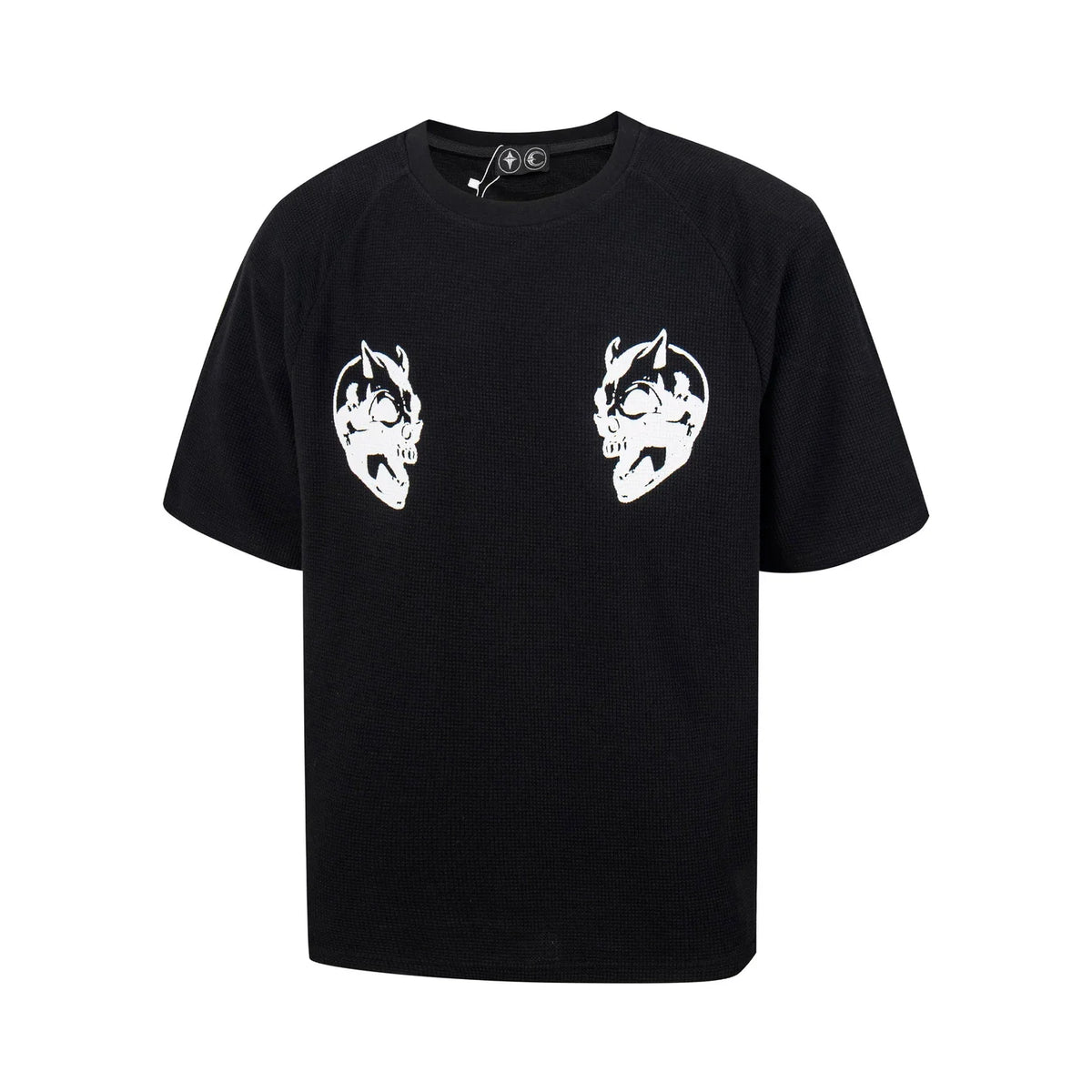 Thug Club Double Skull Print Waffle Knit Oversized T-shirt, Y2K Gothic Short Sleeve Tee