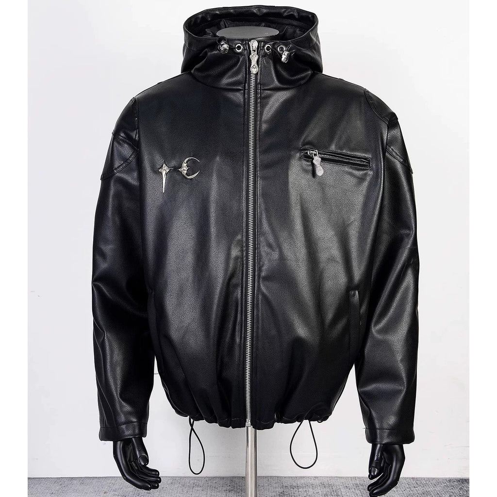Thug Club Black Hooded Faux Leather Jacket Red Star Moon Logo, Unisex