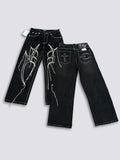 Thug Club Spider Web Fringe Embroidery Wide Leg Black Jeans, Y2K Gothic Baggy Denim Pants
