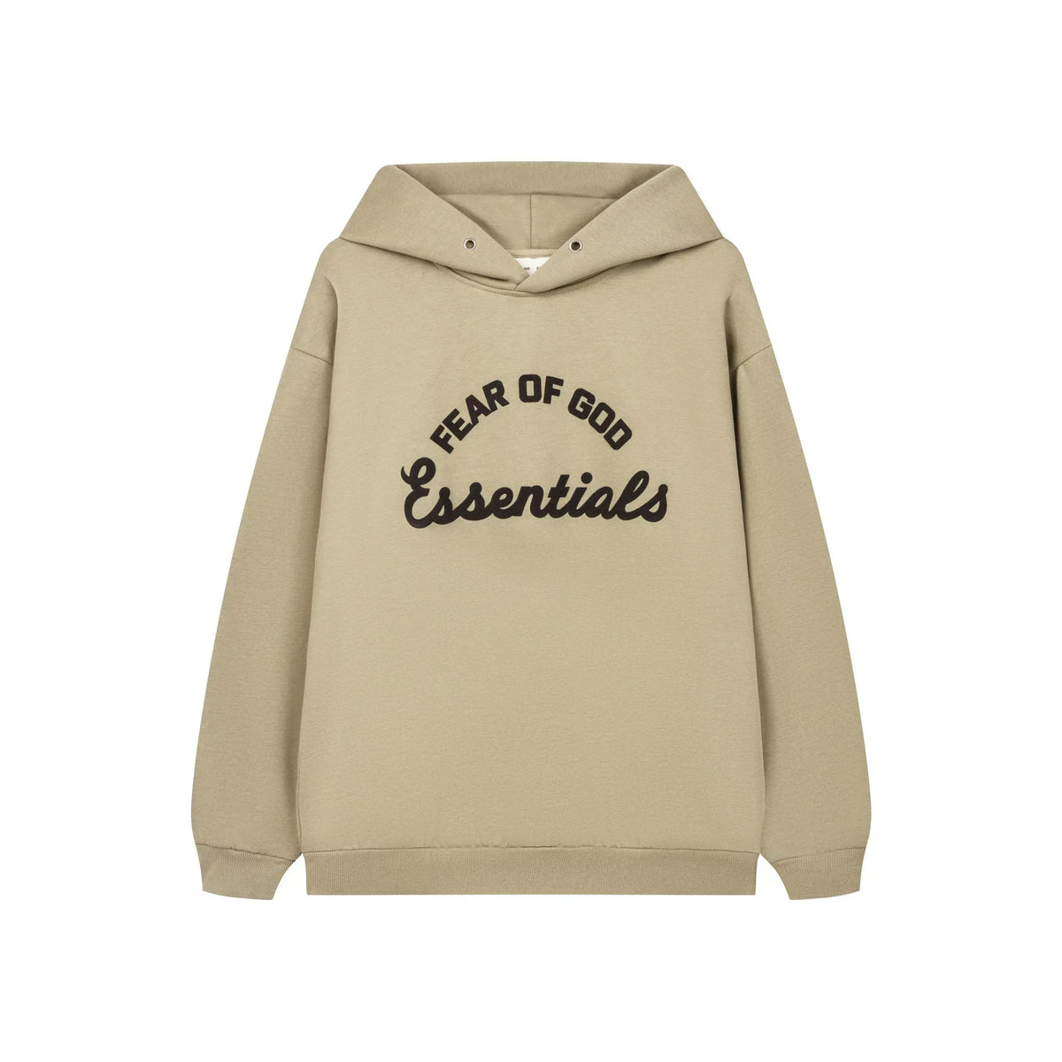 Fog Essentials Warm Neutral‑Tone Tan Loose‑Fit Pullover Hoodie With Chest Embroidery