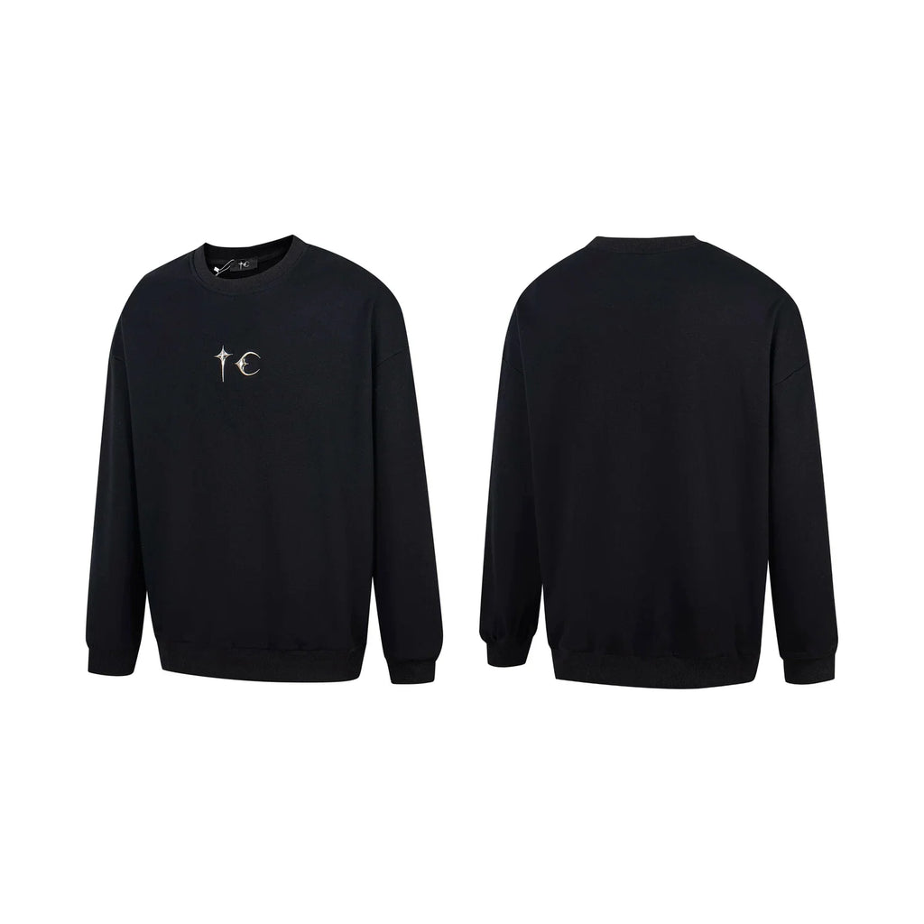 Thug Club Metal Star Moon Logo Crewneck Sweatshirt, Y2K Gothic Oversized Black Sweater