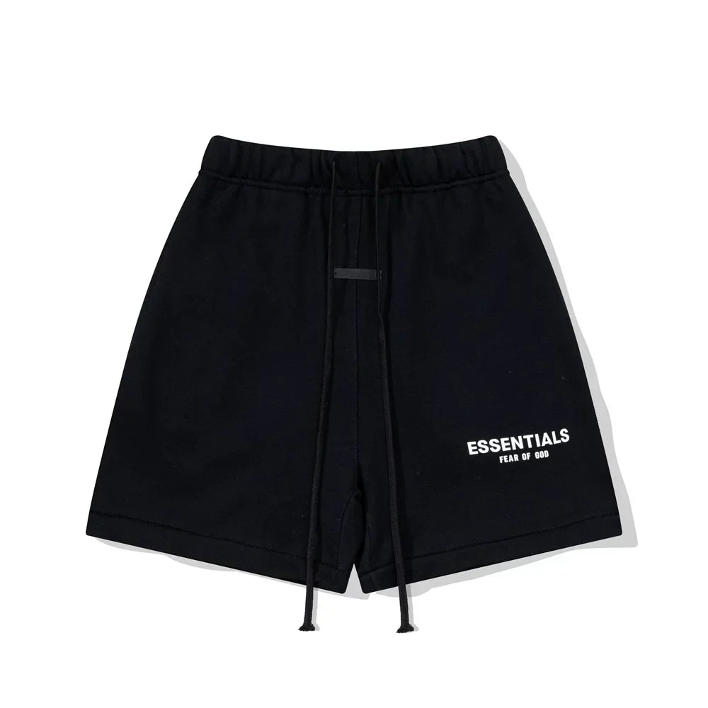 Fog Essentials Black Elastic Waist Drawstring White Logo Print Casual Street‑Wear Sweat Shorts