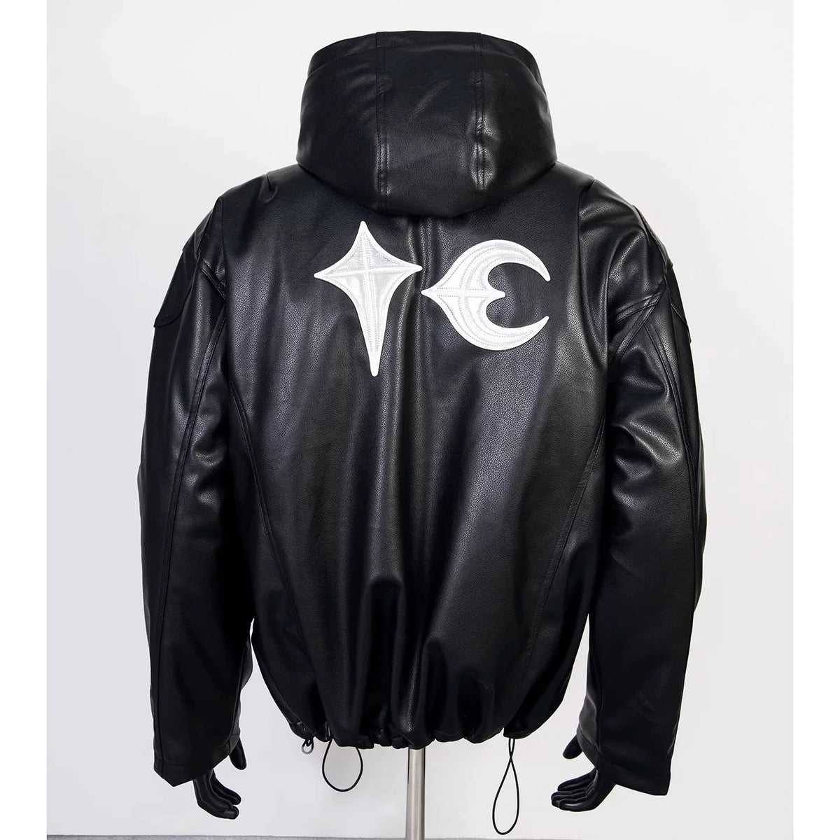 Thug Club Black Hooded Faux Leather Jacket White Star Moon Logo, Unisex