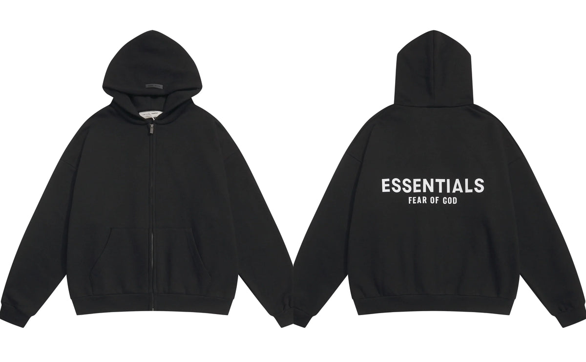 Fog Essentials Black Zip‑Up Hoodie, Contrast White Bold Back Logo Oversized Street‑Wear Jacket