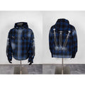Thug Club Blue Plaid Hooded Zip Jacket, Y2K Gothic Swords Print Wool Blend Oversized Coat