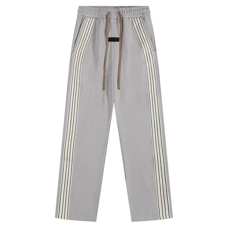 Fog Essentials Light Grey Side‑Stripe Straight‑Leg Casual Sweatpants Streetwear Trousers